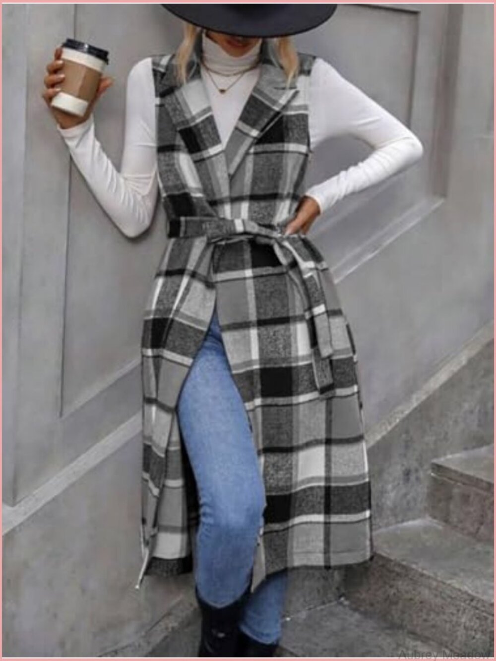 Long Plaid Vest Sleeveless Blazer Jacket Open Front Cardigan - Picture 2 of 3